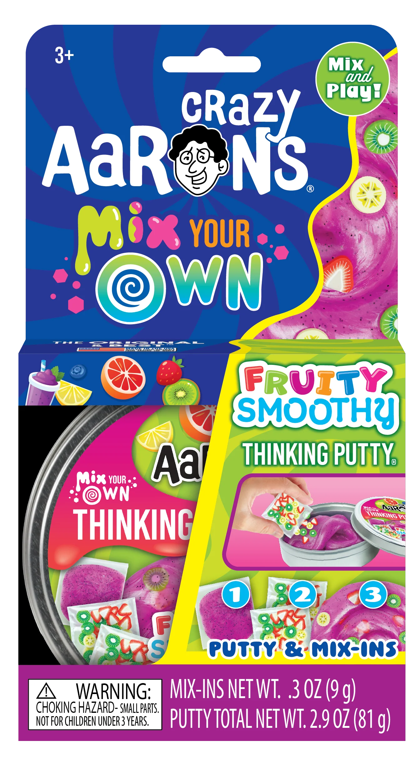 Crazy Aaron's Mix Your Own Fruity Smoothie putty packaging with colorful design. Crazy_Aaron_s_Thinking_putty_fruity_smoothie_3