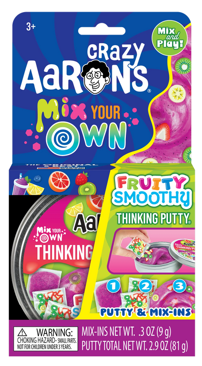 Crazy Aaron's Mix Your Own Fruity Smoothie putty packaging with colorful design. Crazy_Aaron_s_Thinking_putty_fruity_smoothie_3