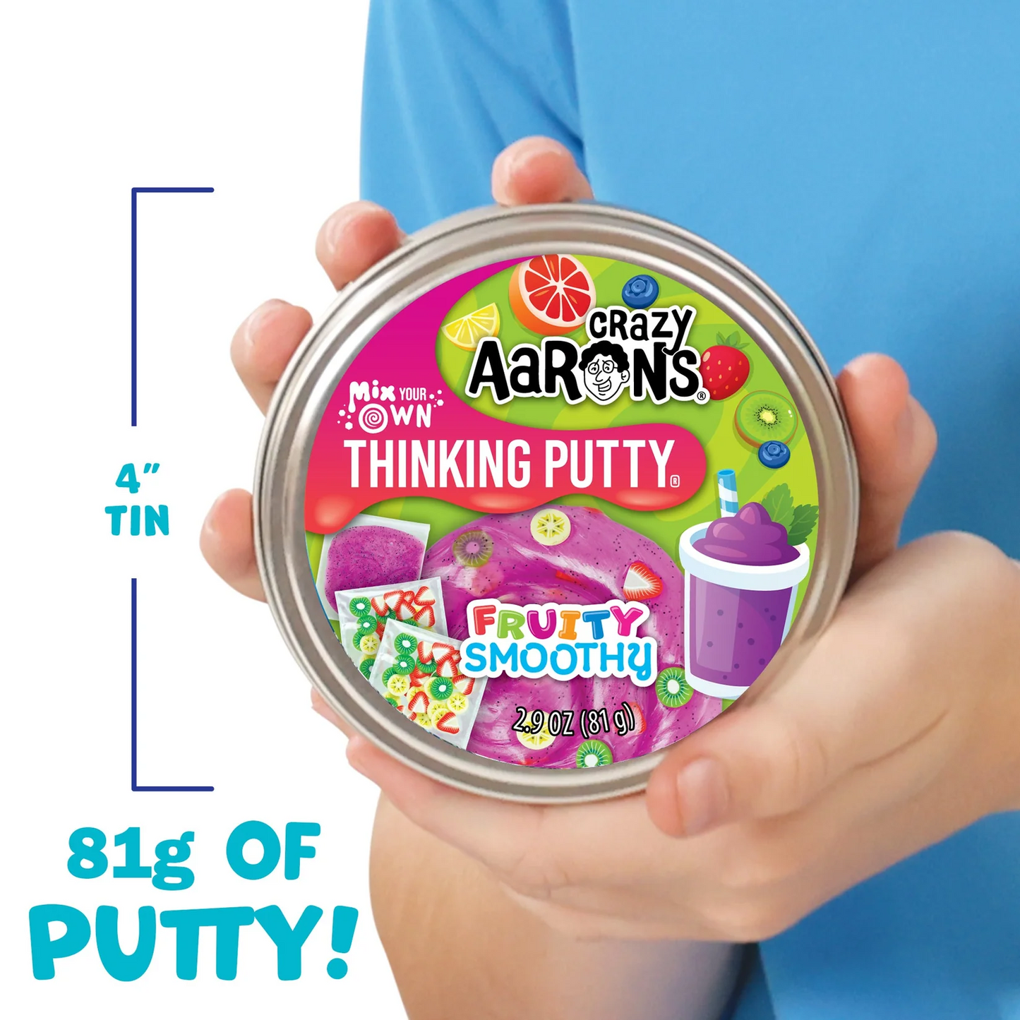 Crazy Aaron's Thinking Putty container held by a person with text indicating size and putty quantity. Crazy_Aaron_s_Thinking_putty_fruity_smoothie_4