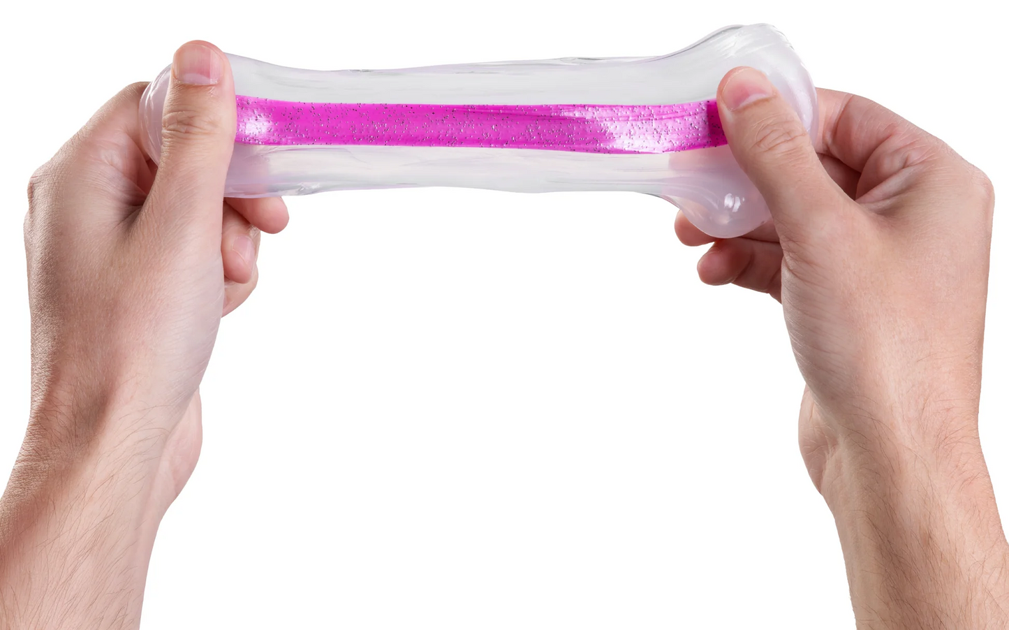 Hands holding a white object with pink band on a white background. Crazy_Aaron_s_Thinking_putty_fruity_smoothie.