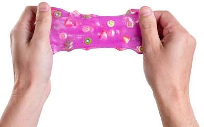Pink fidget toy with colorful beads held between two hands on a white background. Crazy_Aaron_s_Thinking_putty_fruity_smoothie_8