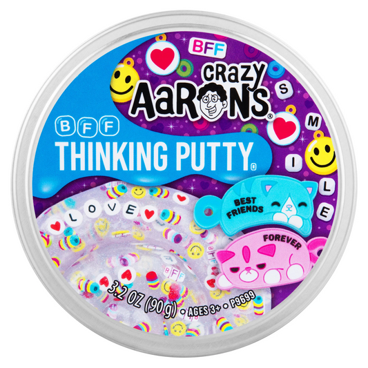 Crazy Aaron's Thinking Putty container with colorful design and text on a white background. Crazy_Aaron_s_bff_thinking_putty_front_of_tin