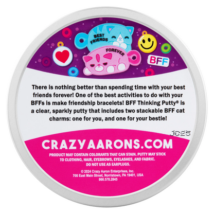 Crazy Aaron's Thinking Putty container with BFF-themed design . and text.
