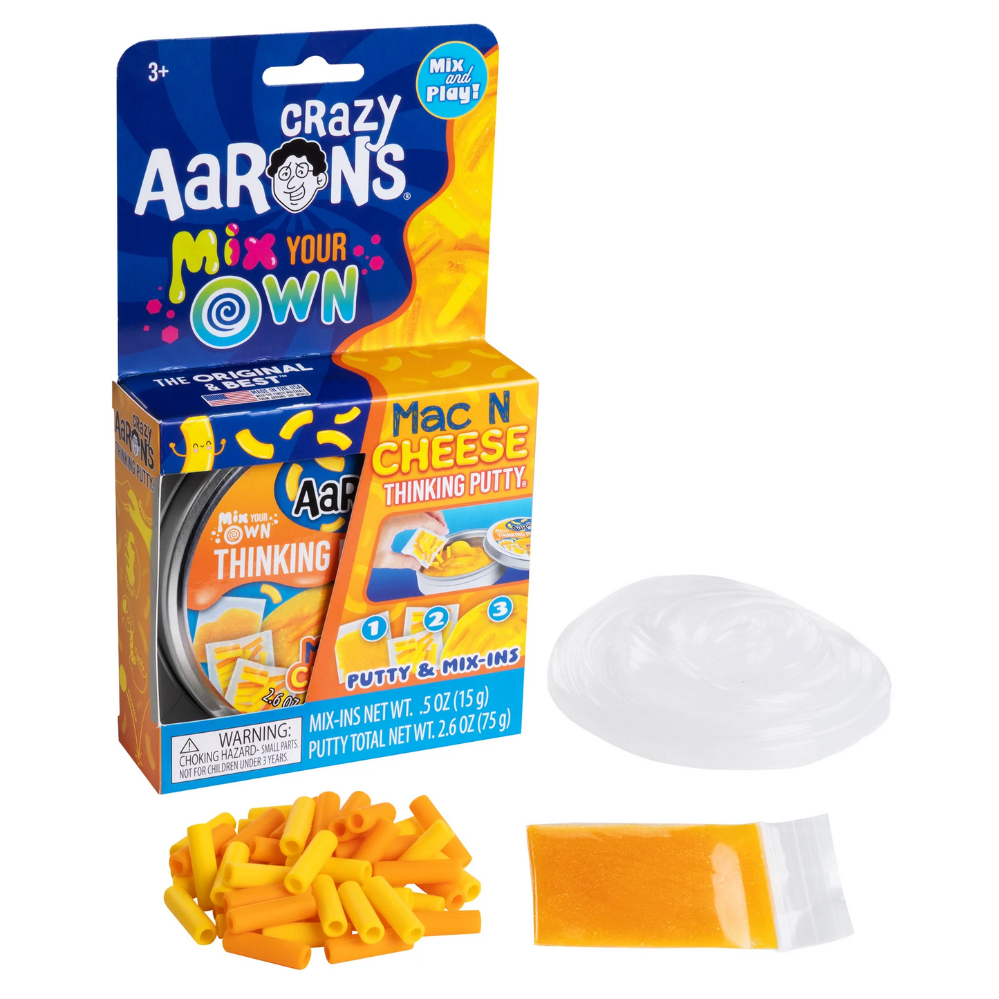 Crazy Aaron's Mix Your Own Mac N Cheese Thinking Putty kit with packaging, putty, and tools on a white background