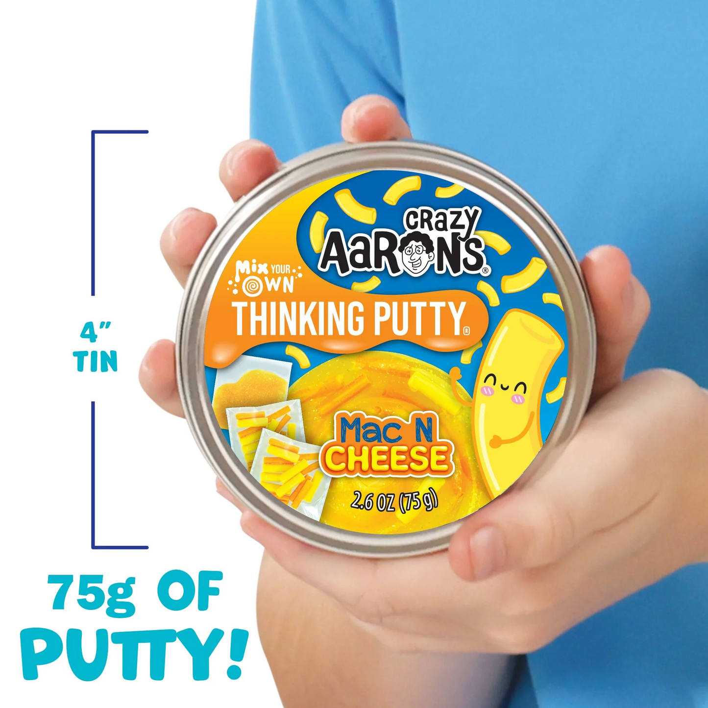 Crazy Aaron's Thinking Putty Mac N Cheese container held by a hand with product details.