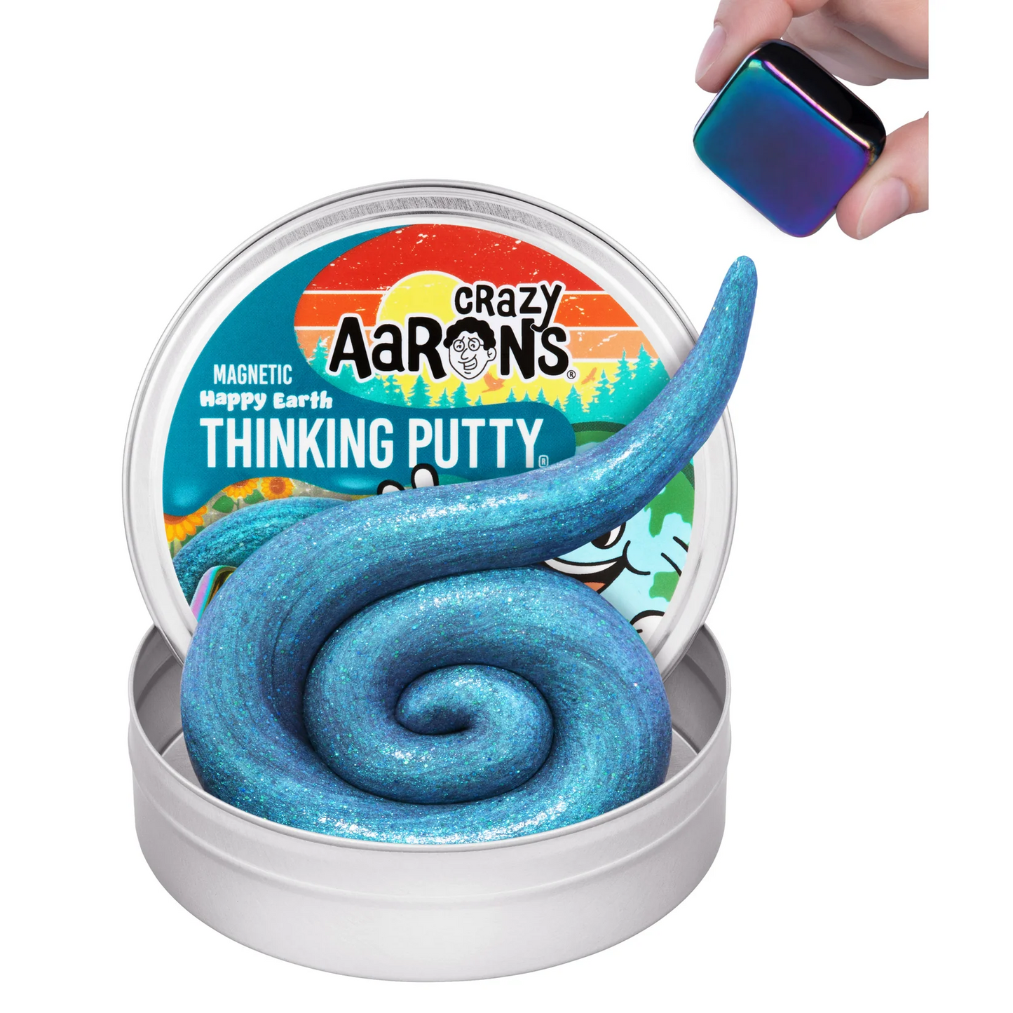Blue thinking putty in a container with 'Crazy Aaron's' branding. Crazy_Arron_s_Happy_Earth_thinking_putty