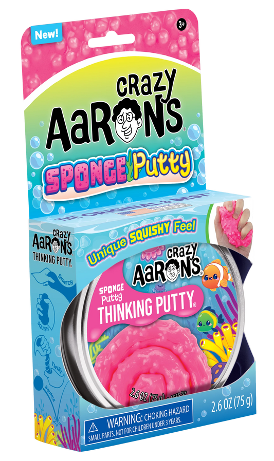Crazy Aaron's Sponge Putty Thinking Putty in its retail packaging, featuring a pink squishy putty inside a round tin with a colorful blue and green cardboard backing.
