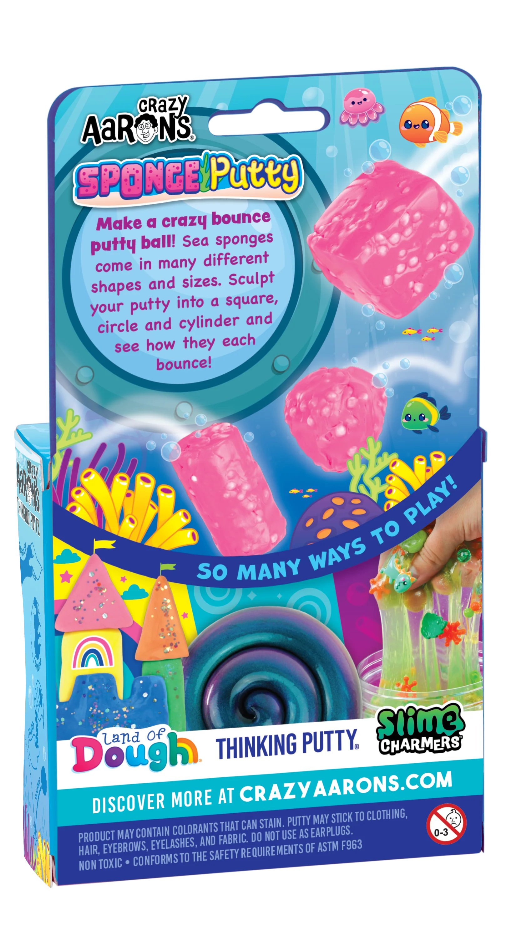 Crazy Aaron's Spongy Putty in Land of Dough, displayed in its retail packaging. The packaging features a blue and pink design with illustrations of sea creatures and a demonstration of the putty being stretched by a hand.