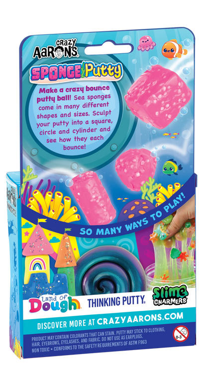 Crazy Aaron's Spongy Putty in Land of Dough, displayed in its retail packaging. The packaging features a blue and pink design with illustrations of sea creatures and a demonstration of the putty being stretched by a hand.