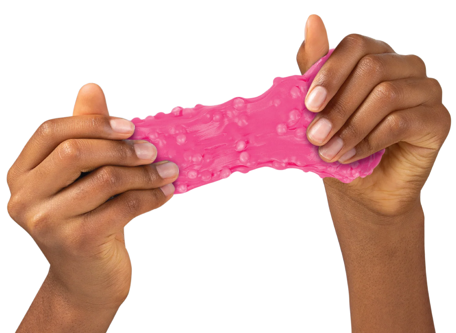 A pair of hands stretching a bright pink, bumpy, squishy slime toy against a solid white background. Crazy_Arrons_Sponge_Putty_packaging_
