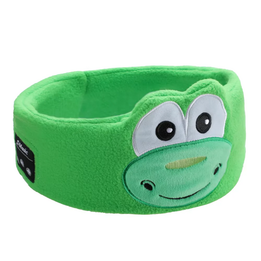 Green headband with a dino face design on a white background. JOEYZ_soft_headphones_dino