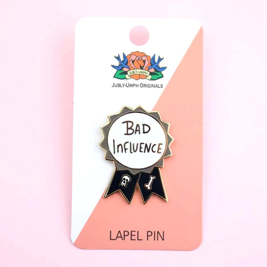 Jubly-Umph_Bad_influence_lapel_pin_on_cardboard_packaging