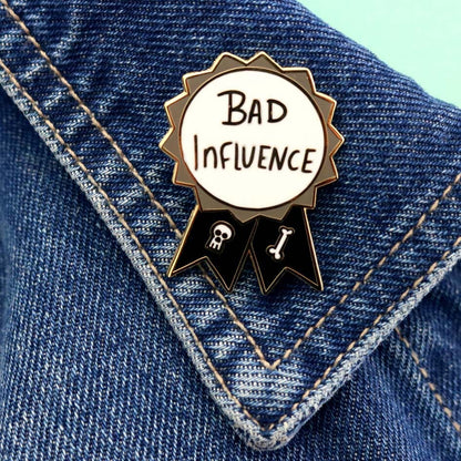 Jubly-Umph_Bad_influence_lapel_pin_on_denim_jacket