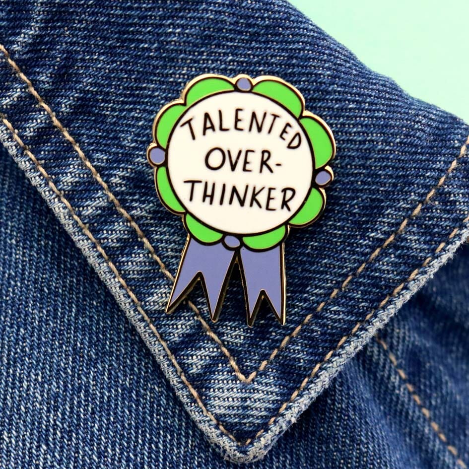 Jubly-Umph_Talented_Over_Thinker_Lapel_Pin_Origional_on_denim_jacket