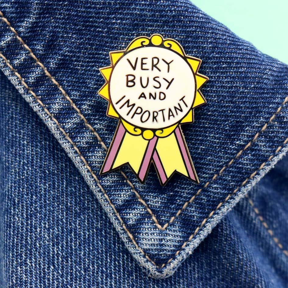 Jubly-Umph_Very_busy_and_important_Lapel_pin_on_denim_jacket