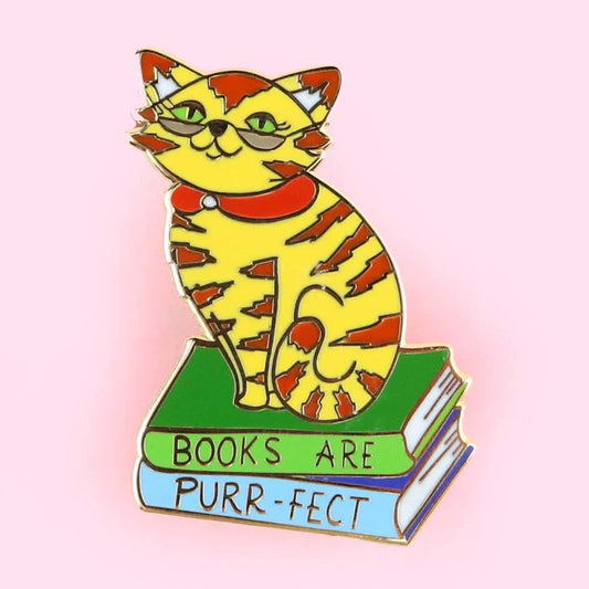 Jubly_Umph_Pin_Books_are_purrfect_lapel_pin_on_saft_pink_background