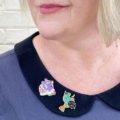 Jubly_Umph_bitter_hag_lapel_pin_on_person