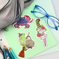 Set of colorful stickers with cartoon characters on a white background