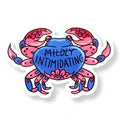 Colorful crab-shaped sticker with text on a white background