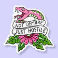 Sticker with a pink flower and text 'Not Defend Just Hostile' on a white background