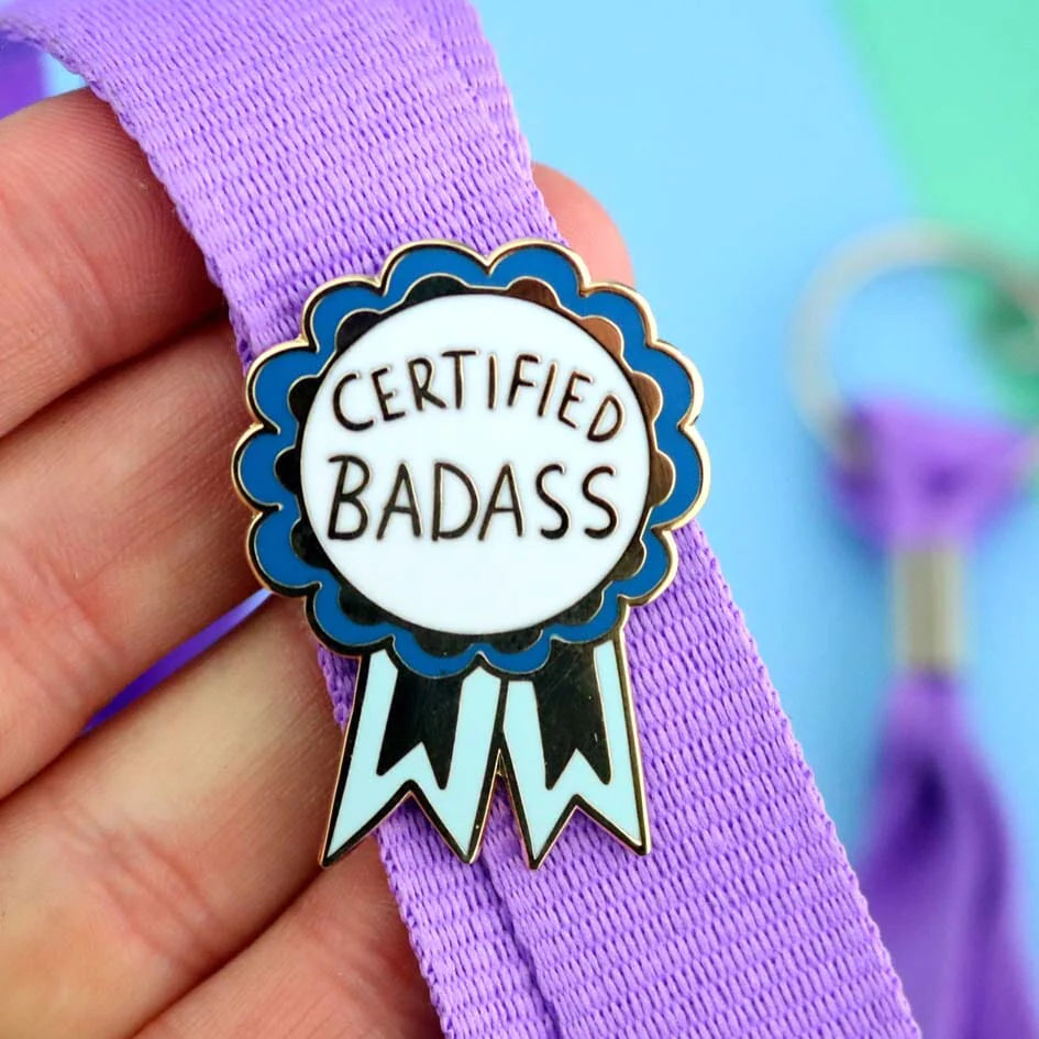Jubly_umph_Pin_certified_Bad_Ass_Pin_on_Purple_bag_strap