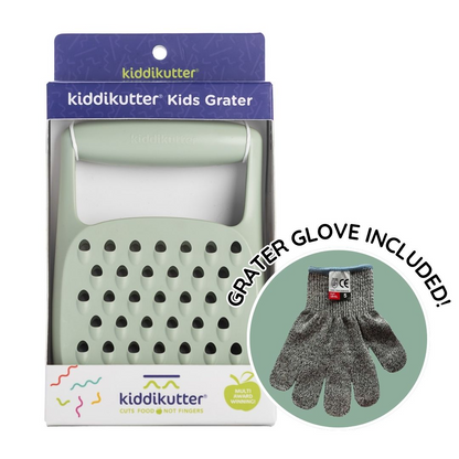 Kiddikutter Kids Grater packaging with a inset of the grater glove included