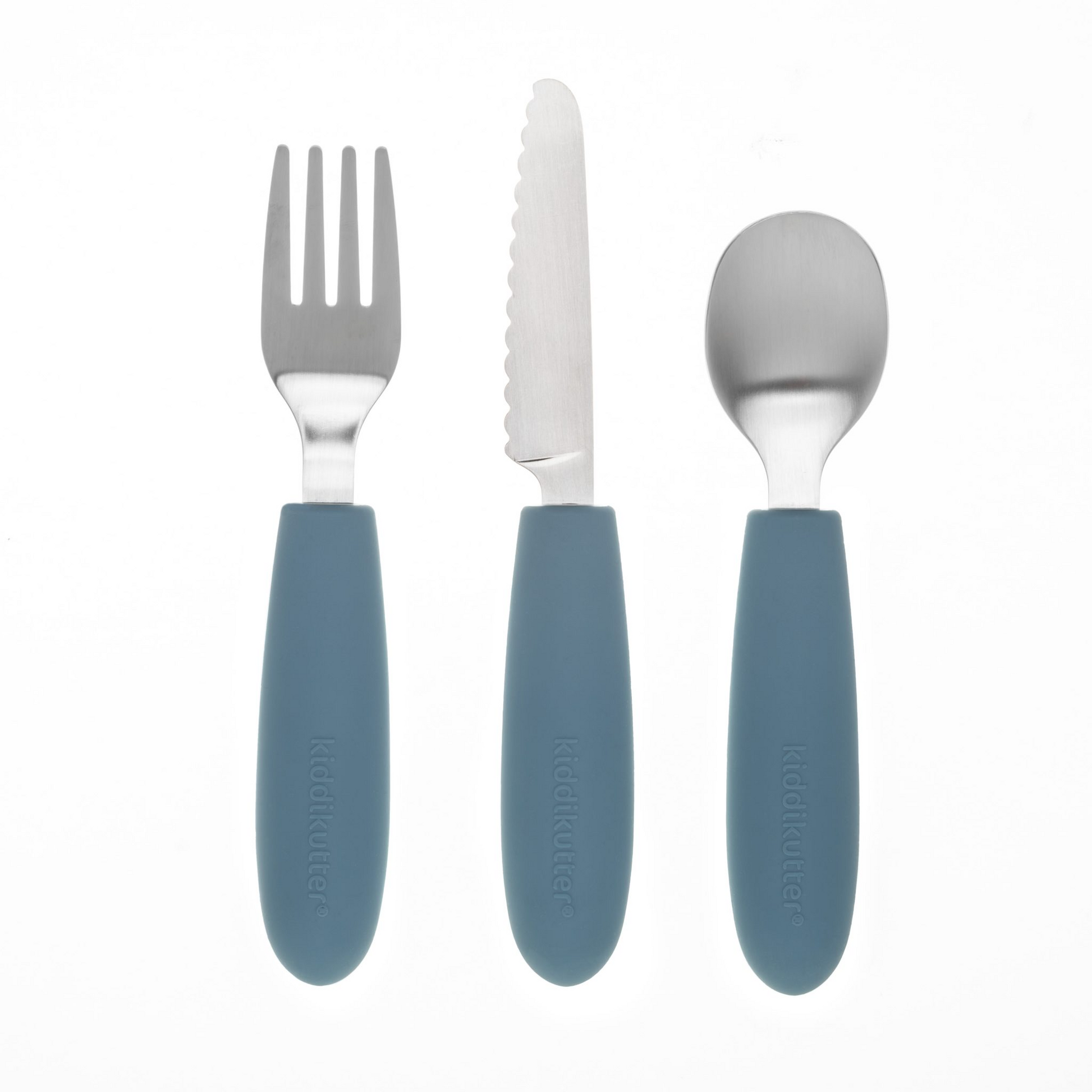 Set of cutlery with blue handles on a white background