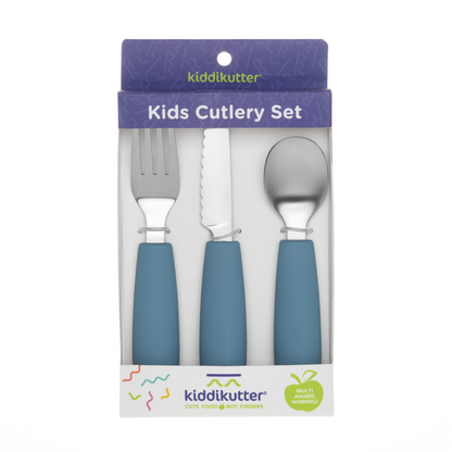 Kiddikutter kids cutlery set packaging with blue handles on a white background