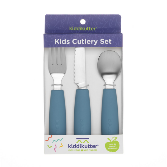 Kiddikutter kids cutlery set packaging with blue handles on a white background