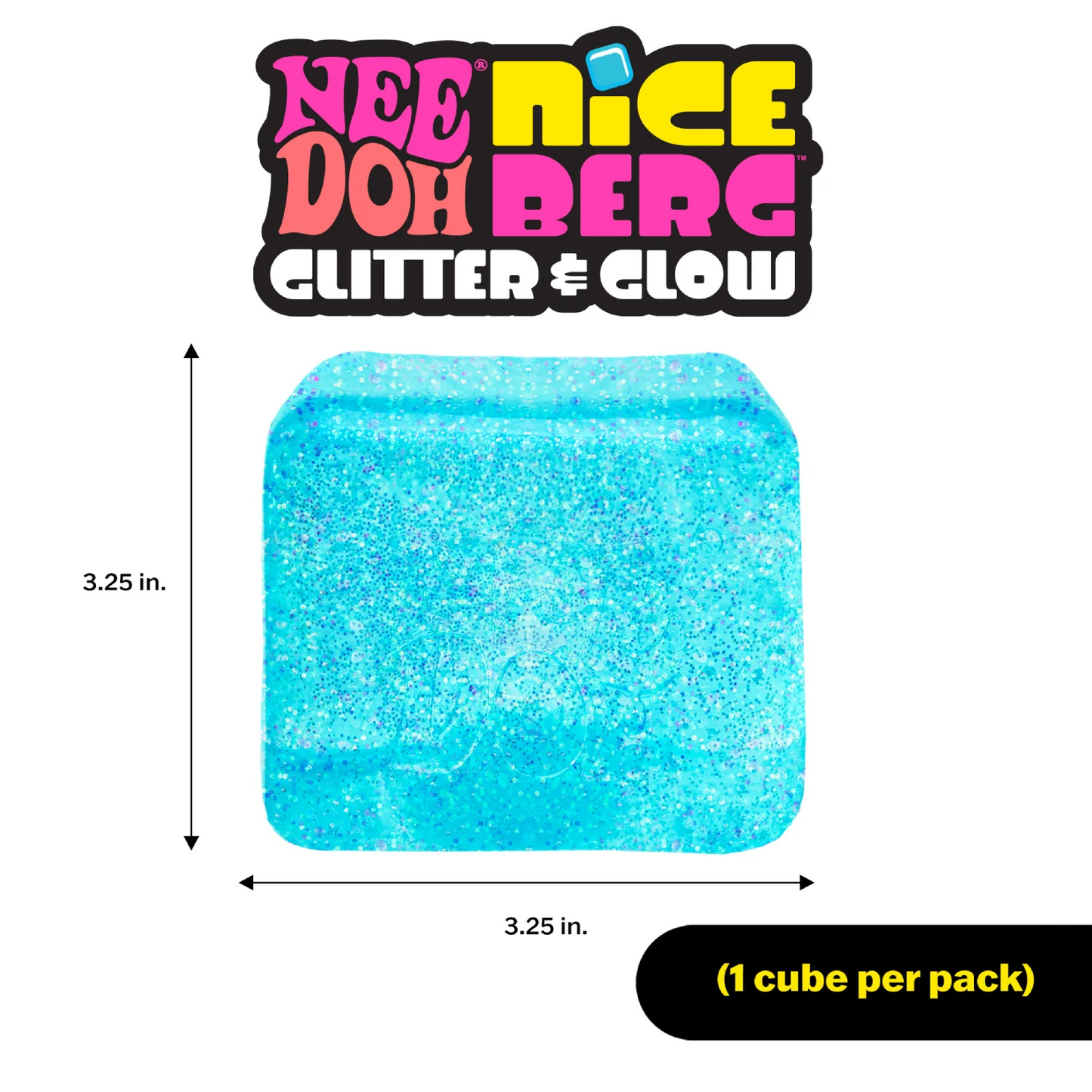 Blue glitter cube with 'Nee Nice Doh Berg' branding and dimensions on a white background. Needoh_Nice_Berg_Glitter_and_Glow_measurements