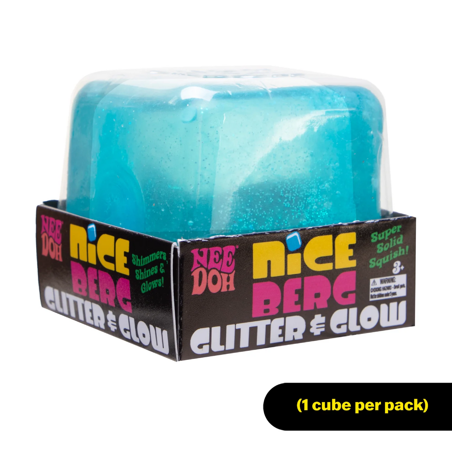 Blue cube in a 'Nice Doh' packaging with colorful text on a white background. Needoh_Nice_Berg_Glitter_and_Glow_packaging