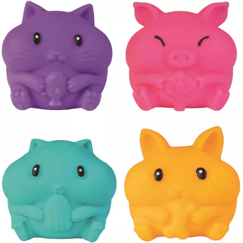 Four colorful animal-shaped rubber stamps on a white background. SQUEEZEY_CRUNCHY_PETS_scute_little_critters