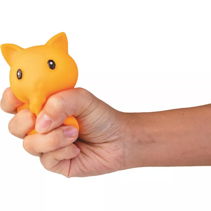 Hand holding a small orange cat-shaped stress reliever toy against a white background. SQUEEZEY_CRUNCHY_PETS_smooshos_squeeze