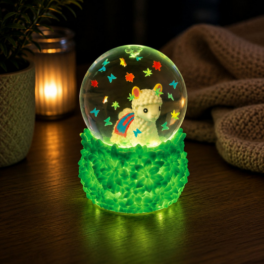 A glowing decorative snow globe with a small white llama figure inside, surrounded by colorful star and butterfly decorations, set on a green textured base on a wooden surface with warm ambient background lighting. Smooshos_alpaca_snow_dome_squishiy_glowing_in_the_dark