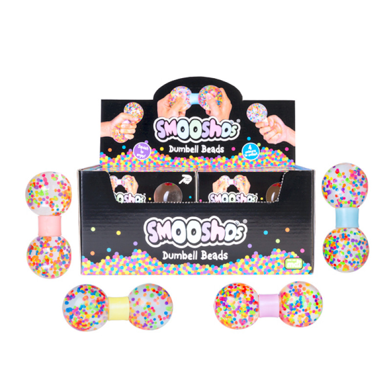 Smooshos Dumbbell Beads packaging with colorful dumbbells on a white background