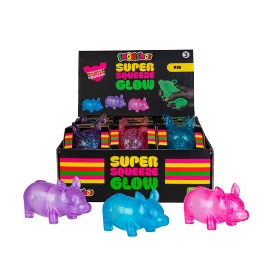 Display of Super Squeeze Glow toys with colorful packaging on a white background. Smooshos_super_squeeze_pigs