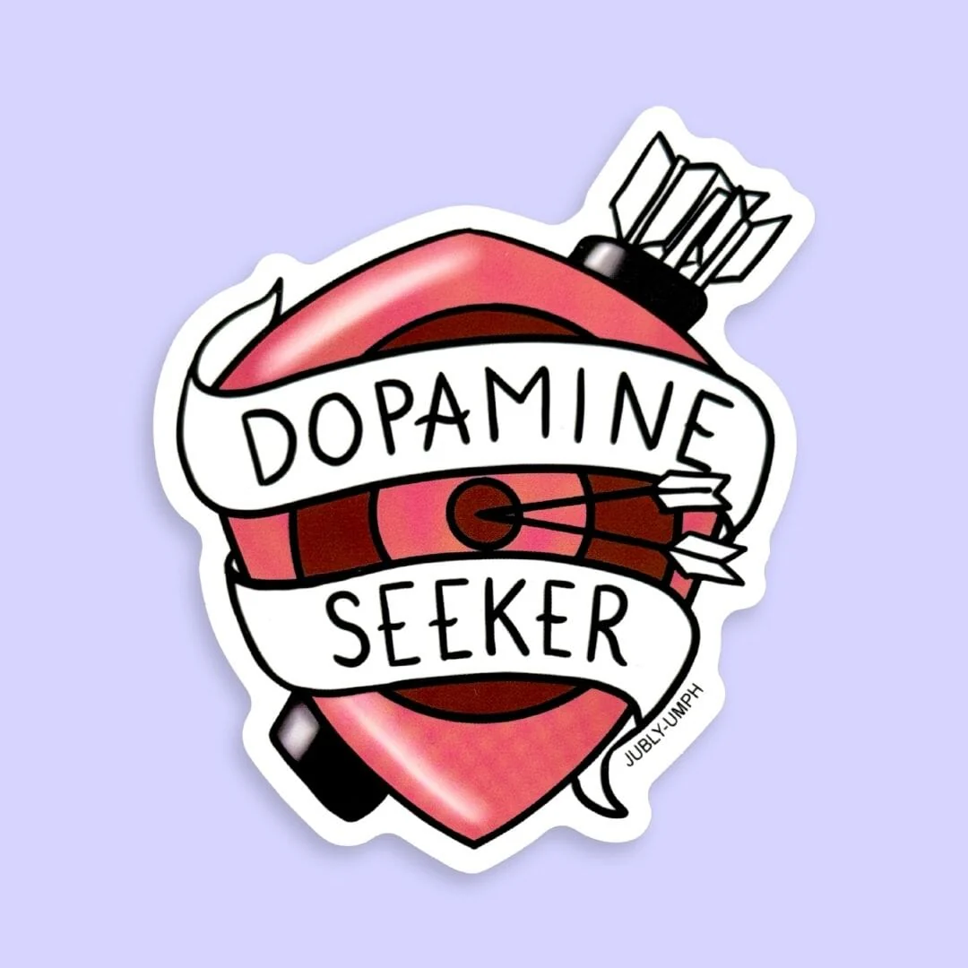 Sticker with a lip design and 'Dopamine Seeker' text on a light purple background. Sticker_Jubly_Umph_Dopamine_purplr