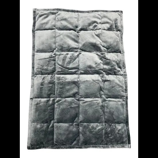 Gray quilted blanket on a white background. Weighted_Lap_Pad_soft_grey_elizabeth_richards_top