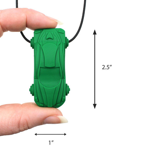 ARK’s_Racecar_Chew_Necklace_forest_green_one_inch_wide_and_2.5_inches_long