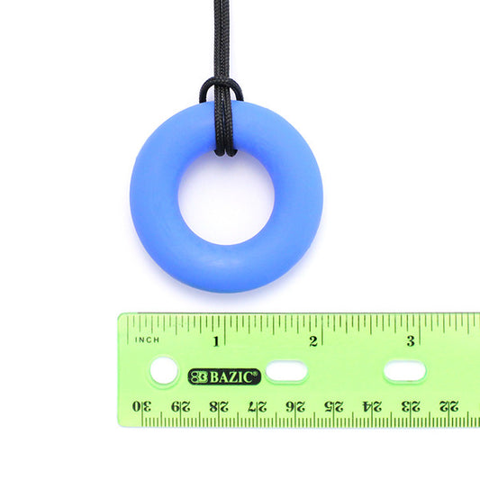 arks_chewable_ring_donut_size_royal_blue_next_to_ruler
