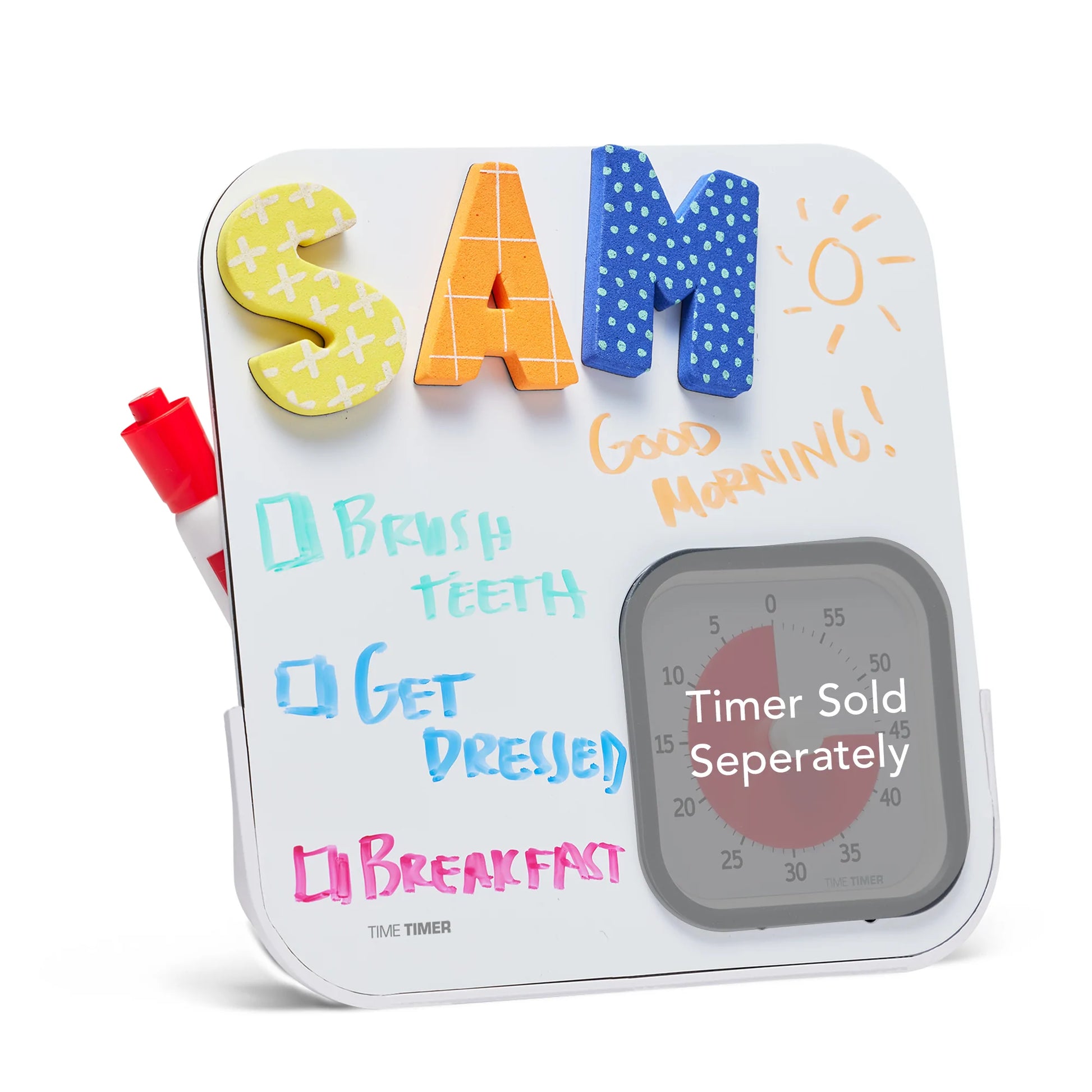 Time_Timer_Education_edition_dry_erase_board_with_SAM_brush_teeth_get_dressed_breakfast_written_on_it_timer_set_for_45_minutes_timer_sold_seperately