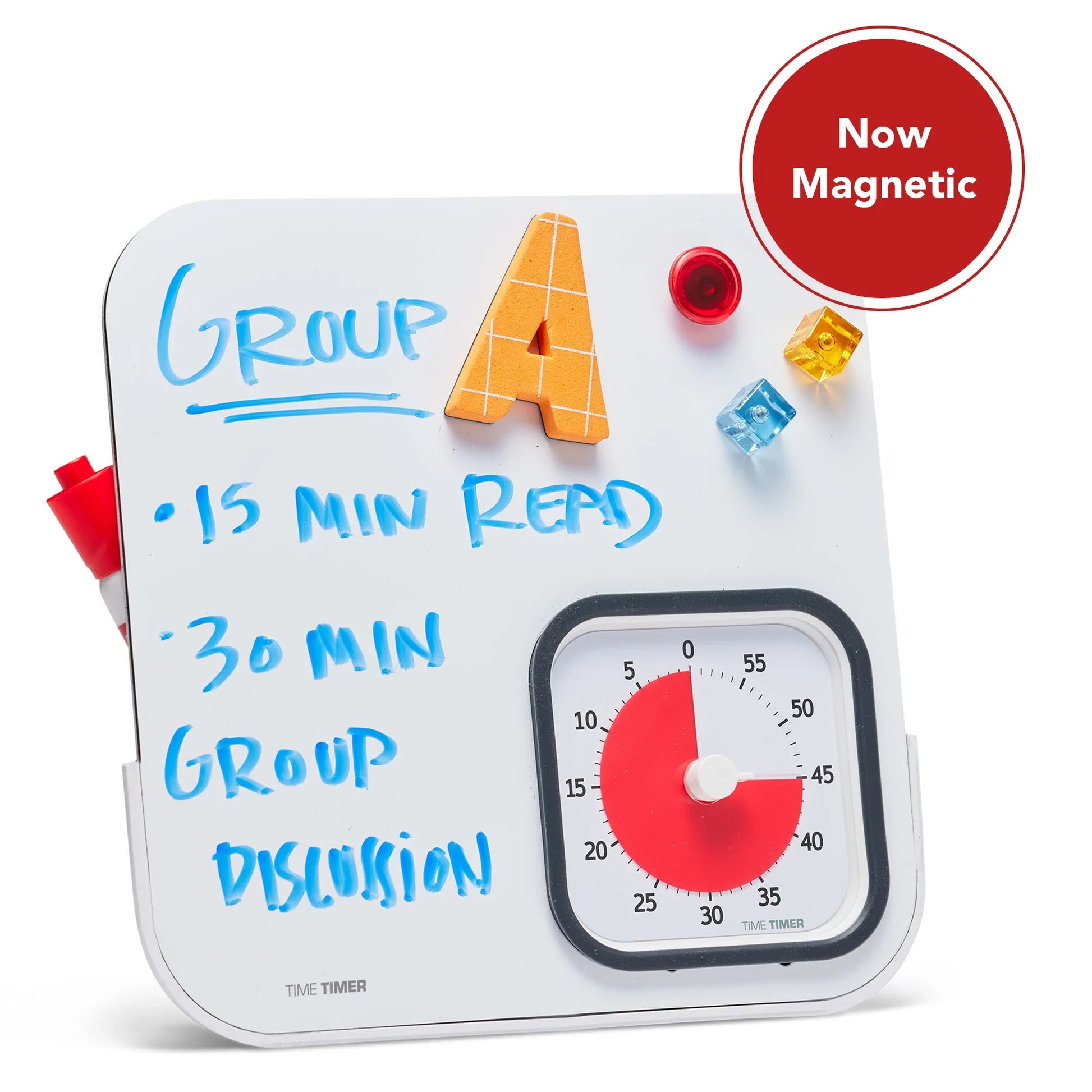 Time_Timer_Visual_Dry_erase_board_Timer_set_to_45_mins_On_Board_written_GROUP_A_15_minutes_to_read_30_minute_group_discussion